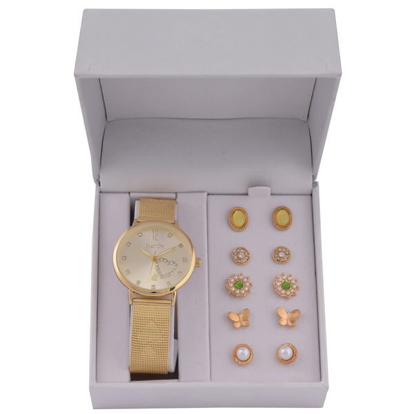 Bad Girl - TT Mesh Heart Watch &amp; Earing Set - Gold