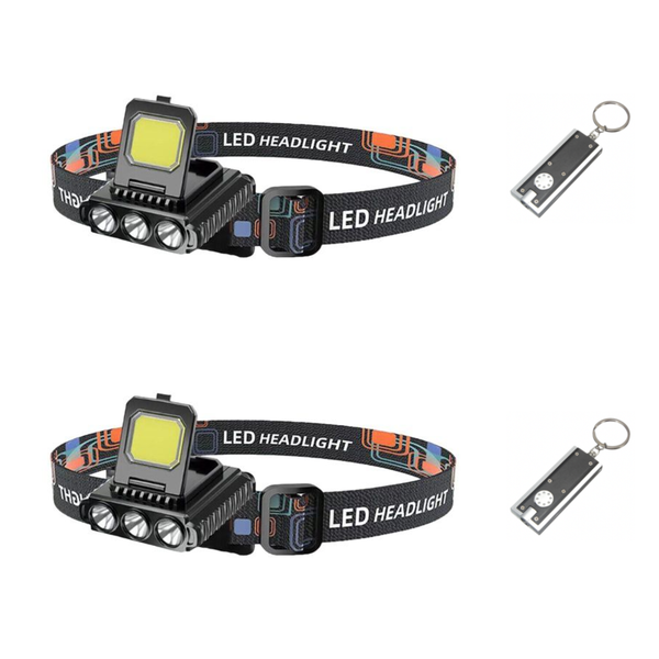 Multifunctional Rechargeable Headlamp with LED Keyring Torch - 2 Pack
