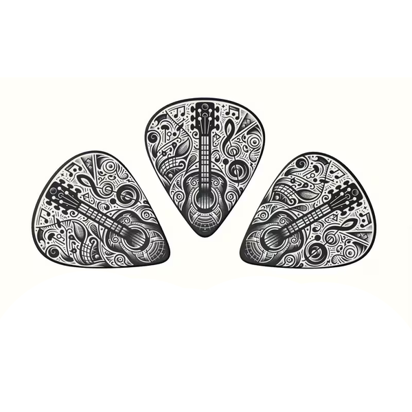 Pack of 3 Black &amp; White Music &amp; Guitar Themed Medium Guitar Plectrums