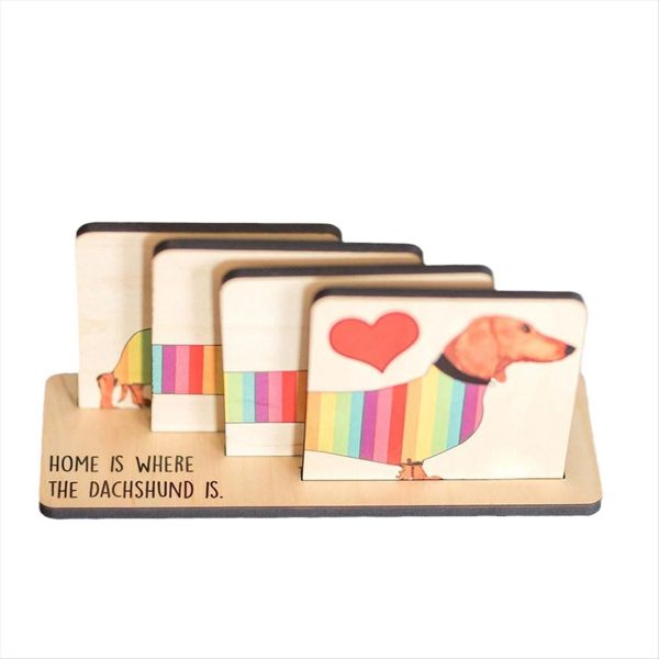Set of 4 Dachshund Coasters with Holder