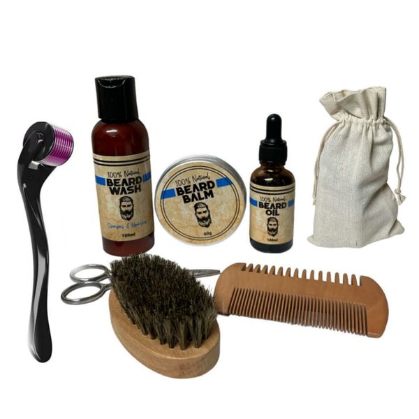 8 Pieces Men Beard Growth Treatment &amp; Care Set with a Derma Roller