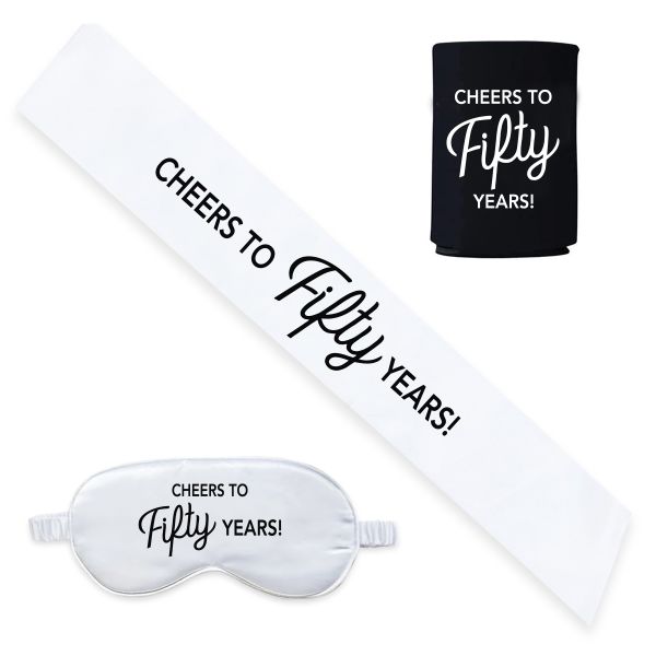 White Cheers To Fifty Years 50th Birthday Sash, Can Koozie &amp; Satin Eyemask