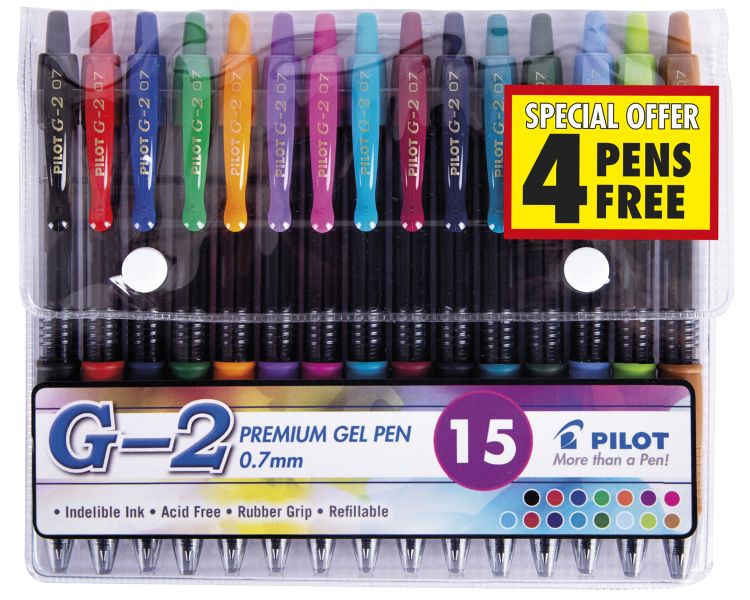 Pilot G-2 0.7 Gel Retractable Pen - Wallet of 15 Basic Colours