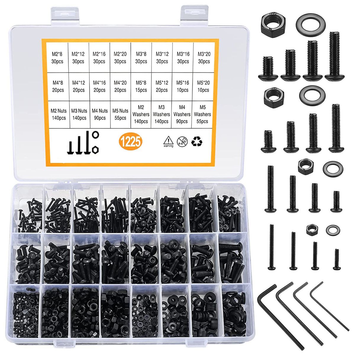1225-Piece Screw & Nut Set | M2/M3/M4/M5 Carbon Steel | with Wrenches