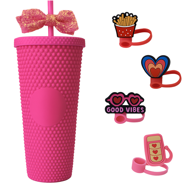 Pink Fully Studded Tumbler Matte Studded with Lid Straw 4 Stoppers