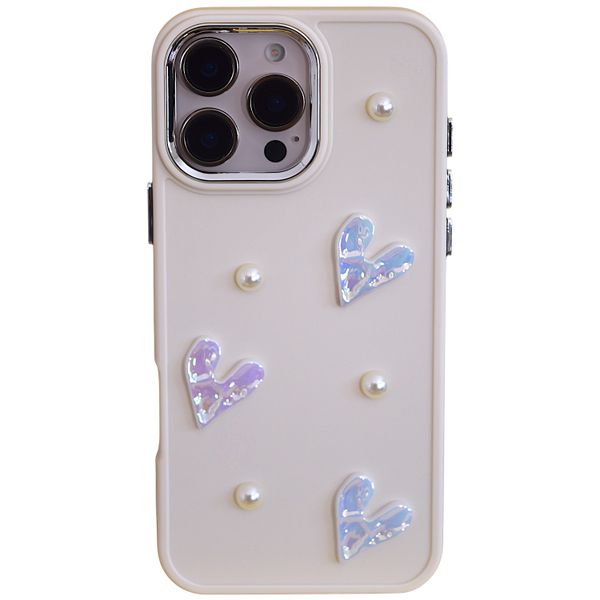Cream Case with Pearl &amp; Iridescent Heart Design - Compatible with iPhone