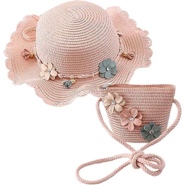 Straw Hat Bag Set Children's Sun Hat Cute for Girls Travel Hat with Flower
