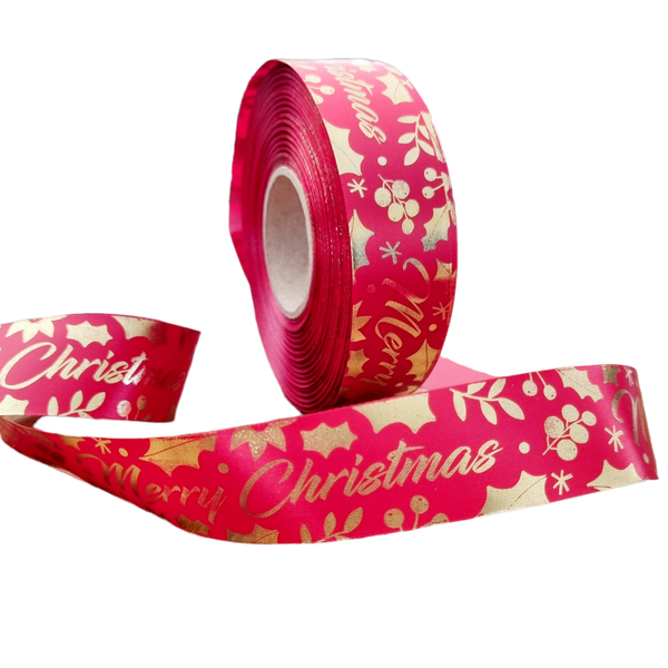 Red Printed Satin - Merry Christmas Holly Design in Gold - 50m