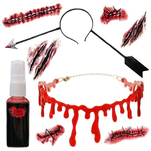 Halloween Fake Blood Necklace, Arrow Headband, Blood Spray &amp; Scar Tattoos