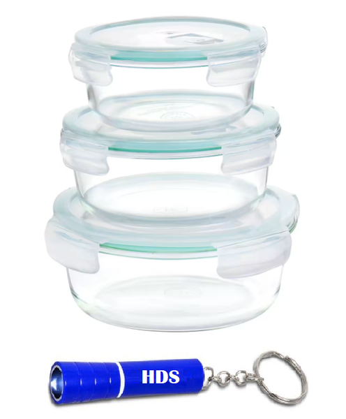 Round Glass Container with Air Vent Lid - 3 PieceWith HDS Branded Torch