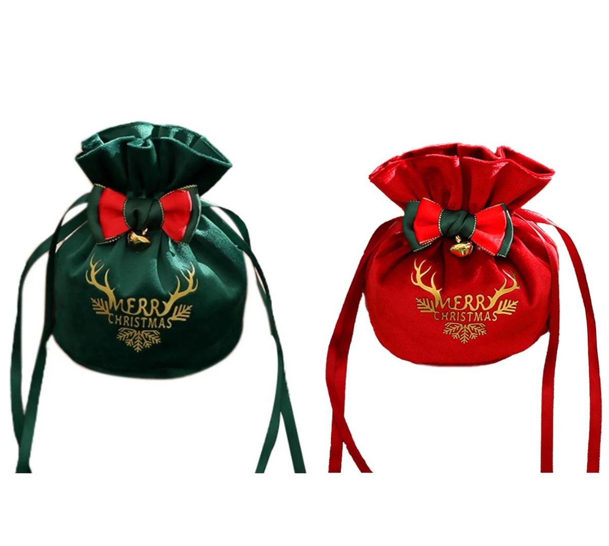2 Pack Christmas Themed Decoration Gift Bag With Drawstring - Green & Red