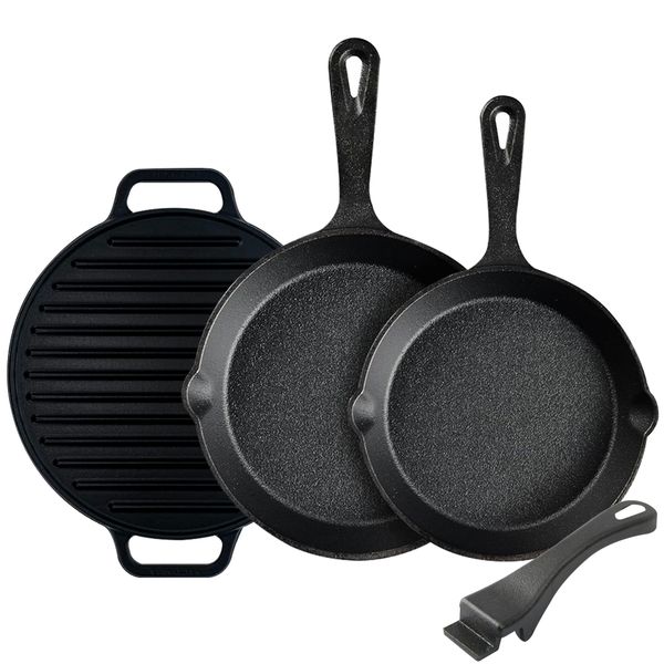 Combo Set - Restaurant Chef Quality Pre-Seasoned Skillet, Grill Set