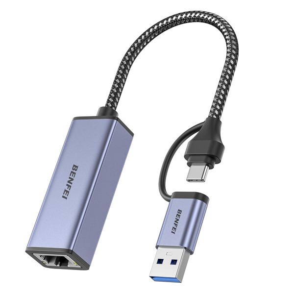 BENFEI Dual USB-A / C 3.0 Male to GLAN Female 1Gbps Adapter - Grey