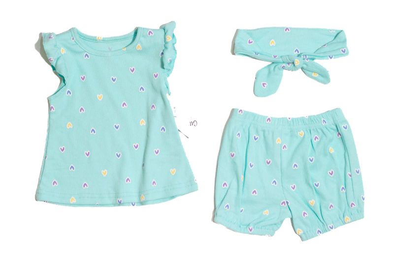 Cute Heart Print Ribbed T-Shirt, Headband and Short Set