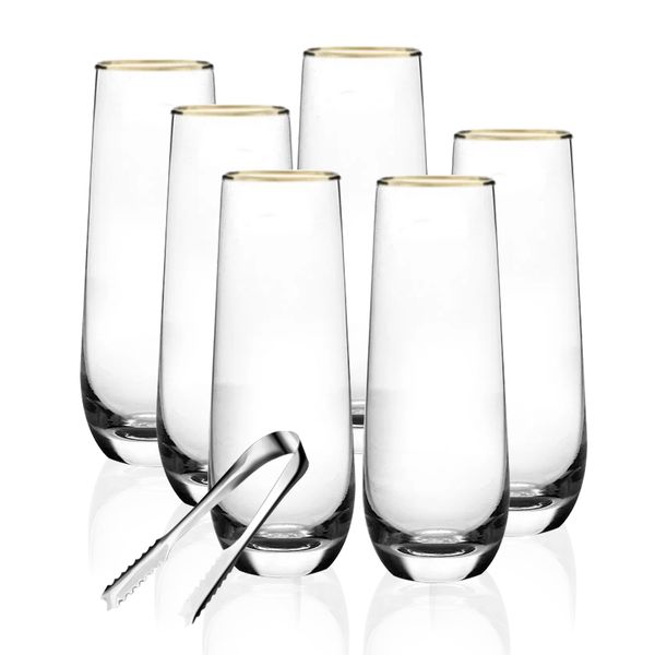 Elegant Stemless Premium Clear Champagne Flute Glass Set - Set of 7