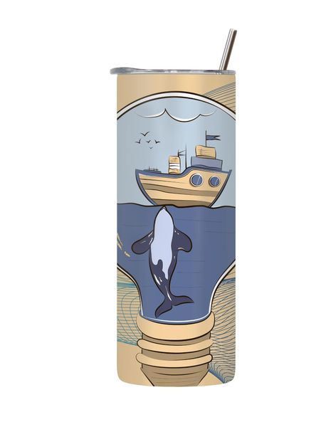 Boat 20 Oz Tumbler with Lid and Straw Trendy Ocean Graphic Sea Life Gift172