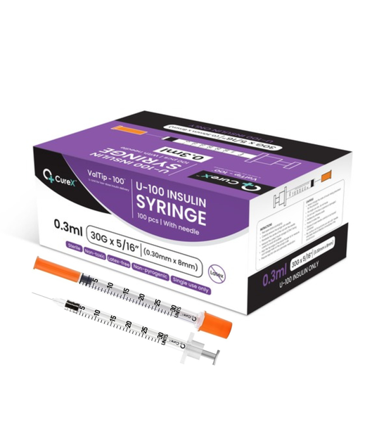 Curex ValTip-100 Sterile Insulin Syringe- 0.3ml 30G, 8mm Needle - 100 Pack