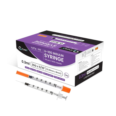 Curex ValTip-100 Sterile Insulin Syringe- 0.3ml 30G, 8mm Needle - 100 Pack Image