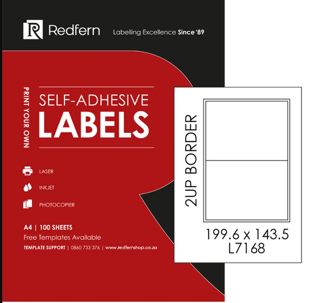 Redfern - A4 Self Adhesive Laser Jet Labels Flat Sheets 2UP (Box Of 100)