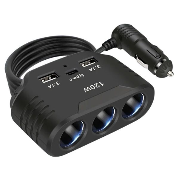 3 Socket &amp; Dual USB In-Car Cigarette Lighter Charger &amp; Type-C - 3.1A Output