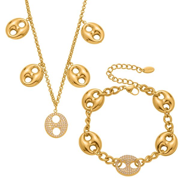 Pig Nose Clasp &amp; Zirconia Set - Dangling Necklace &amp; Bead Bracelet