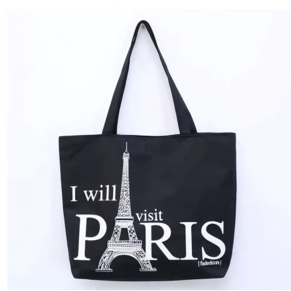 Black "I will visit Paris" Canvas Tote Bag