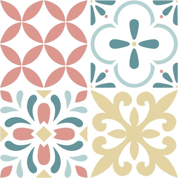 Coral, Green and Yellow Tile Wall Stickers - Set of 20