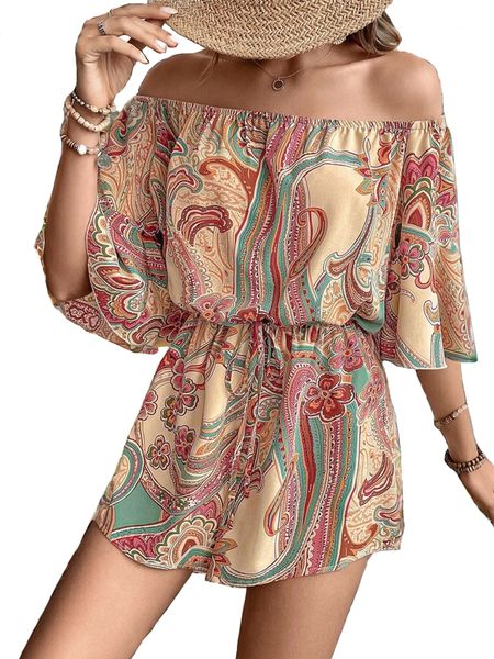 Women's Summer Floral Print Romper 3/4 Sleeve Off-Shoulder Jumpsuit Pockets