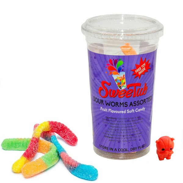 SweeTub Sour Worms Assorted - Soft Gums - Collectors Toy Inside - Pack of 6