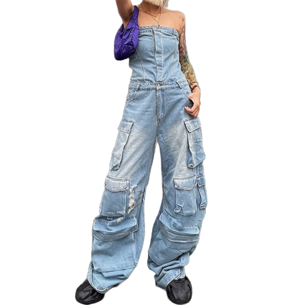 New Street Style Tube Top Multi-Pocket Denim Overalls Jumpsuit-Demin Blue