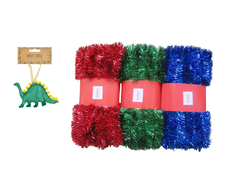 Christmas Tinsel Wire and Dinosaur Christmas Tree Decoration-Set of 3