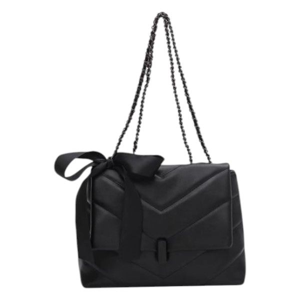 Chevron Quilted Shoulder Bag with Chain Strap and Bow Detail - Black