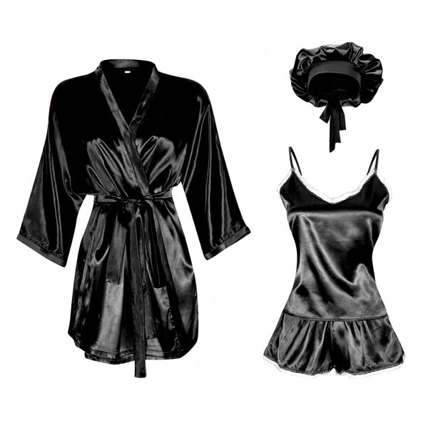Classy Satin Lounge 4 Piece Set (satin gown , head bonnet, camisole set)