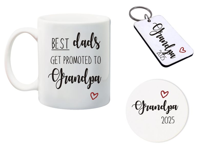 Best Dad's get promoted to Grandpa Mug, Glass Coaster&amp;keyring gift Combo