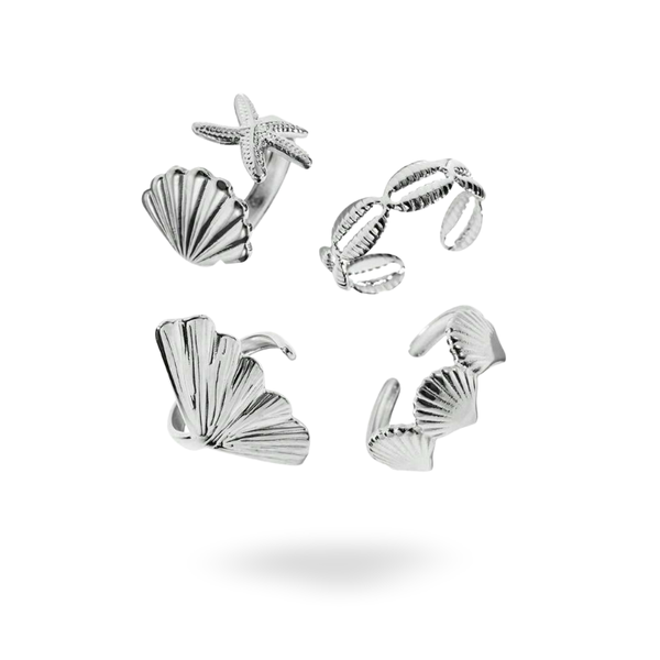 Minimalist Design - Ocean Ring Set - Adjustable Silver Rings - Set of 4