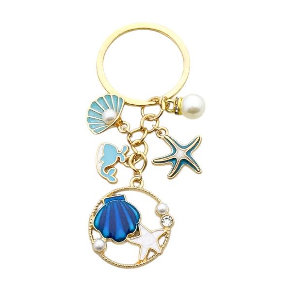 Marine-Inspired Shell &amp; Starfish Keychain with Pearl Accents - Blue &amp; Gold