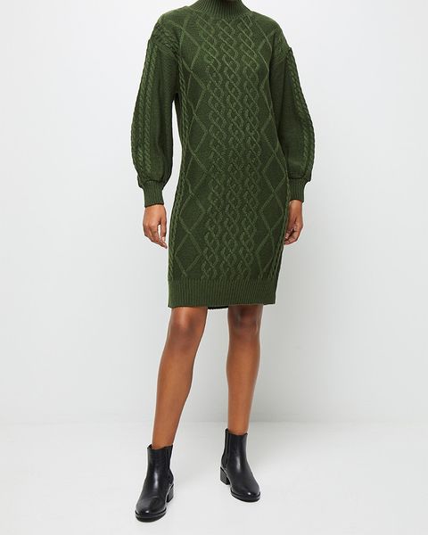 Women's edit Cable Stitch Balloon Sleeve Tunic - Olive