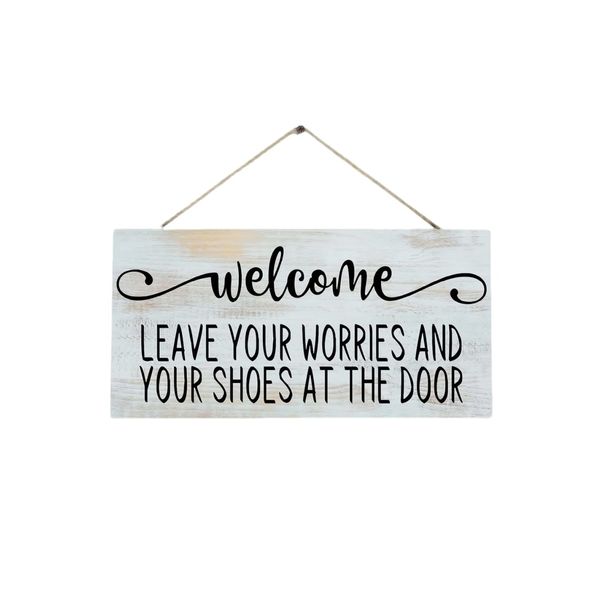 Welcome Please Remove Your Shoes Wooden Hanging Wall Sign