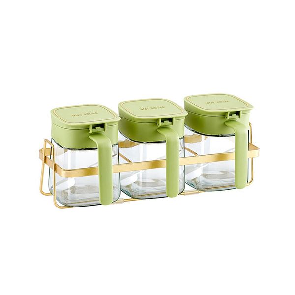 Condiment Jar Spice Container+Lids &amp; Spoons Green