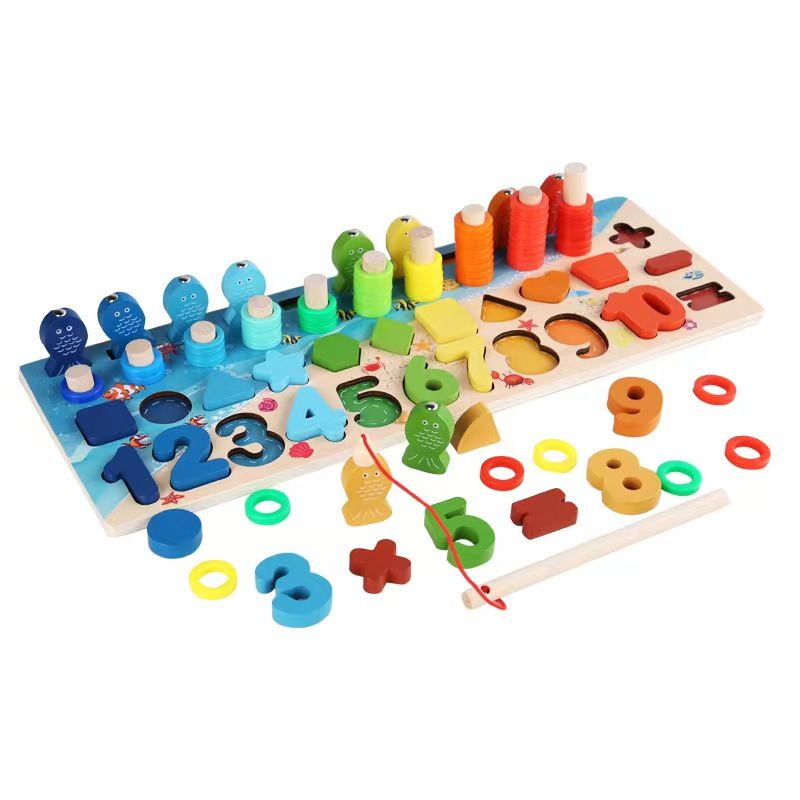 4 in 1 Wooden Educational Numbers, Shapes, Stacking and Fishing Toy Set ...