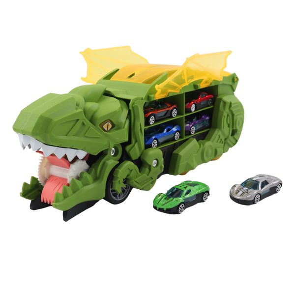 3-in-1 Dinosaur Swallowing Hauler and Race Track - Includes 6 Cars