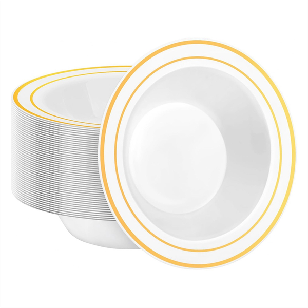 30 Pack Plastic Disposable Bowls 12Oz Salad Bowls with Gold Rim