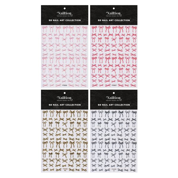 3D Embossed Bow Nail Art Stickers - Gold, Silver &amp; Pink, Red Set 4 Sheets