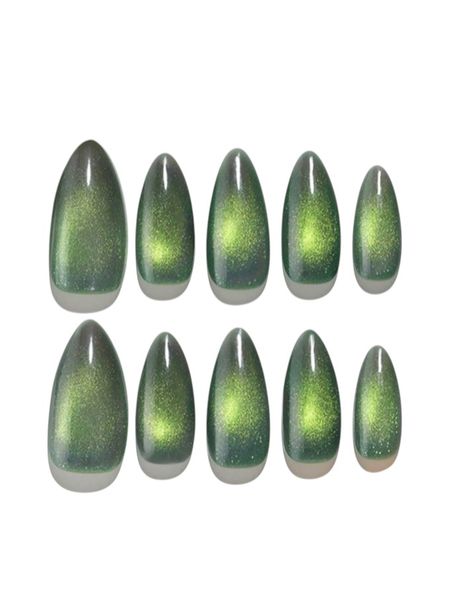 10 Piece - Elegant Almond Cat-Eye Press-On Nails - Green