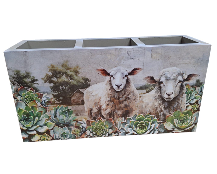 Pretty Sheep &amp; Green Succulents Cutlery or Stationary Holder