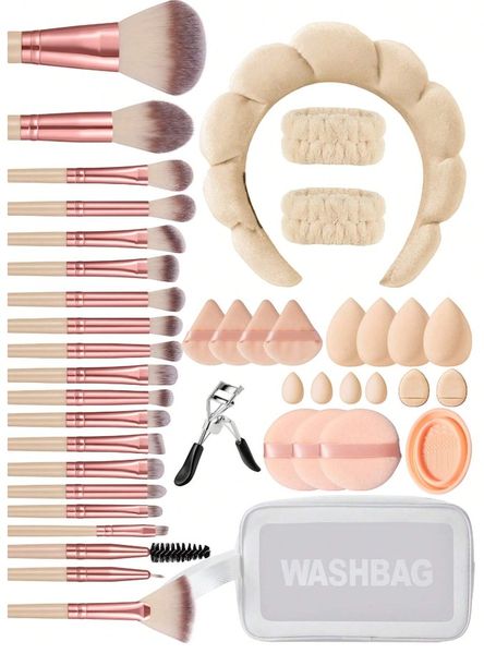 43 Piece Makeup Brush Set With Application Tools &amp; Makeup Bag - Beige/Pink