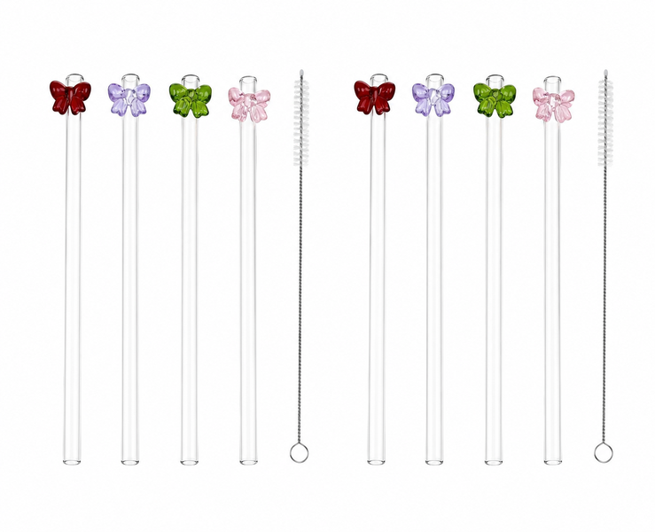 Assorted Pastel Bows 20cm Reusable Glass Straws - 2 Pack