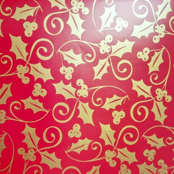 Gold Holly On Red Wrapping Paper - 10m Roll