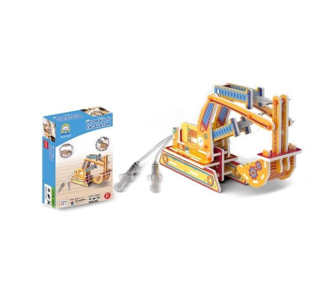 Wooden Hydraulic Excavator Puzzle Kit - Buildable Motorized Excavator