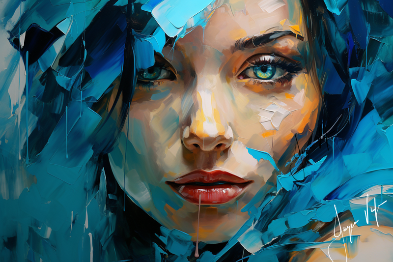 Canvas Wall Art Design: Seduction Disguise- Abstract Lady in Shades of Blue